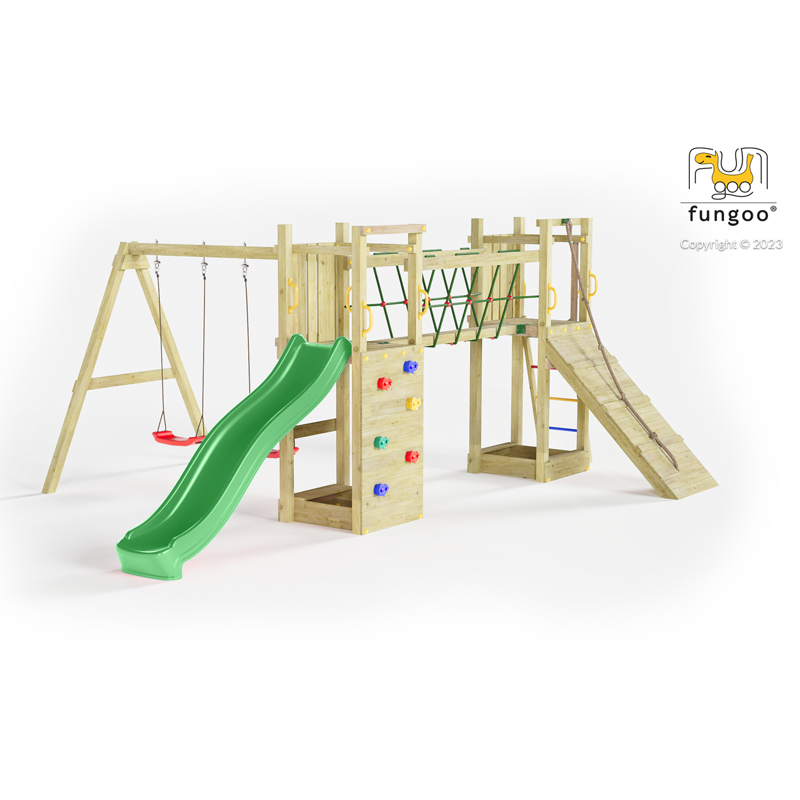 Fungoo Maxi Funny Exposure | mit Schaukel & Rutsche | Sandkasten | Netzbrückenverbindung