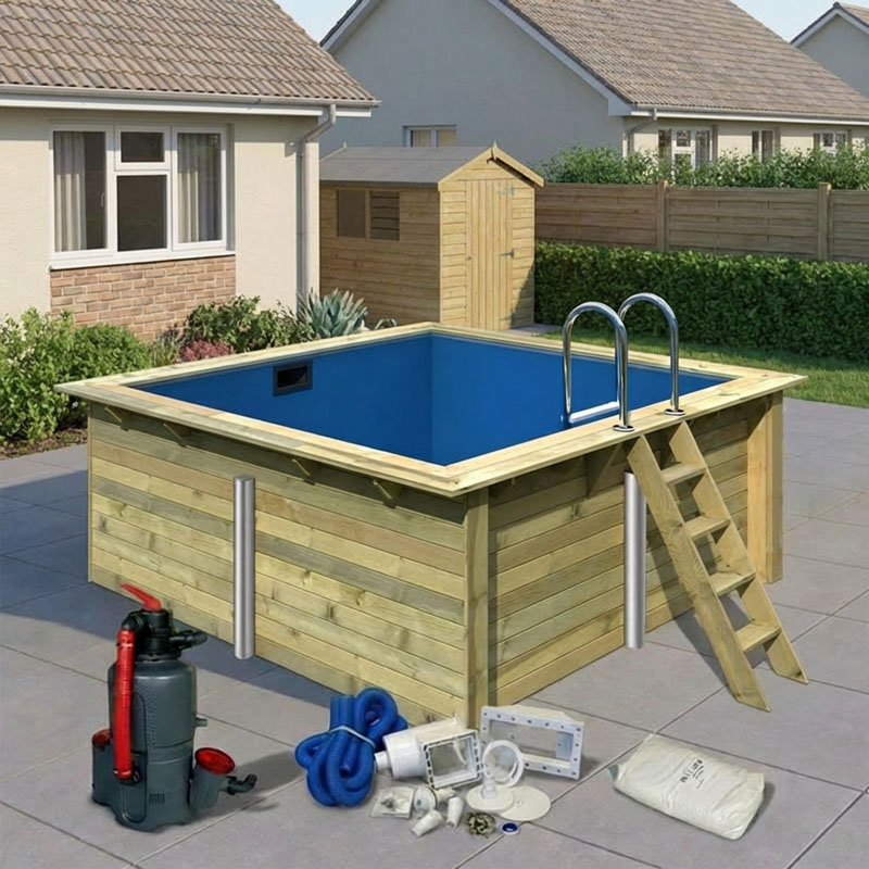 Karibu Holzpool Set Rechteck Lezzeno 1 | ca. 3,10 x 2,80 x 1,24 m | mit Blockbohle | Massivholz & Winterfest
