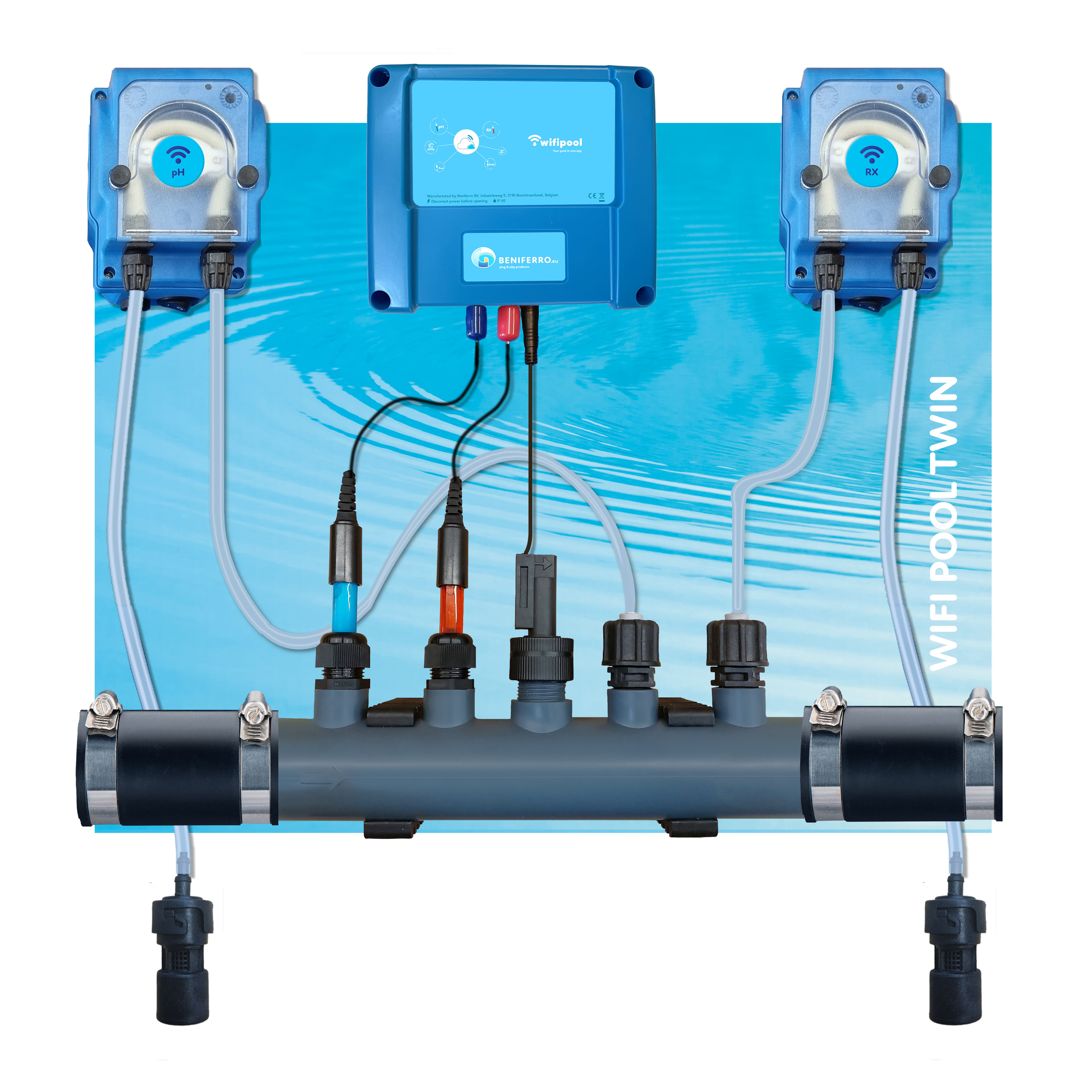 Automatische Dosieranlage WiFi Pool Twin | für pH & Chlor mit Durchflussschalter vormontiert | Pools bis max. 150 m³