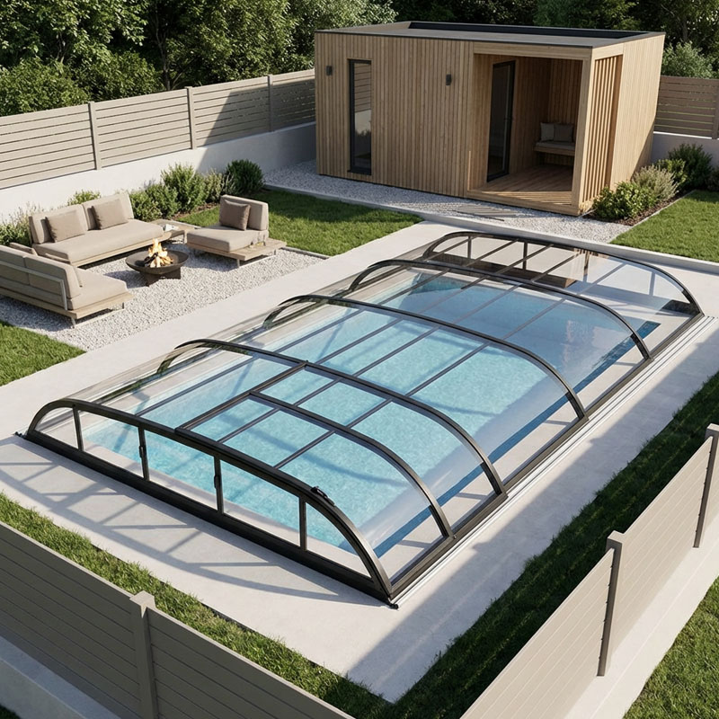 Albixon Poolüberdachung Dallas Sky Clear B | 472 x 854 cm | Klarglasoptik | Vormontiert | 4 mm Polycarbonat Verglasung