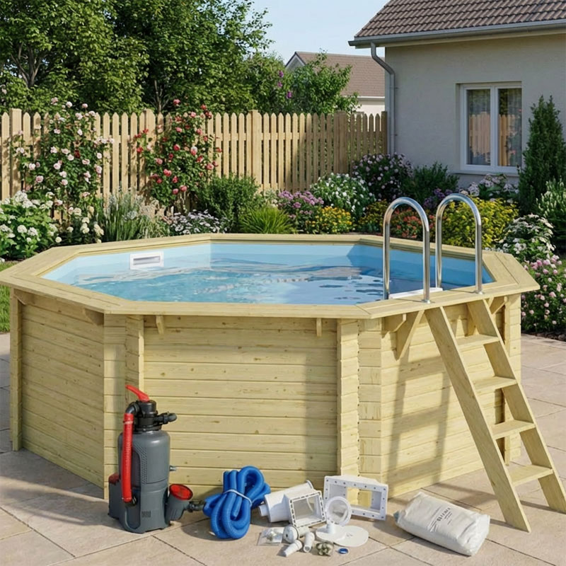 Karibu Holzpool Komplettset Careno 1 | ca. 4,00 x 4,00 m | mit Blockbohlen | Massivholz & Winterfest