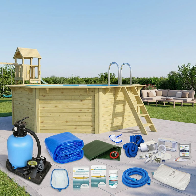 Karibu Holzpool Komplettset Como X1 | ca. 4,00 x 4,00 m | mit Metallecken | Massivholz & Winterfest