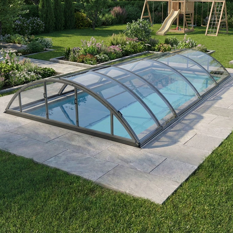 Albixon Poolüberdachung Klasik Sky Clear B | 423 x 854 cm | Klarglasoptik | Vormontiert | 4 mm SAN Verglasung